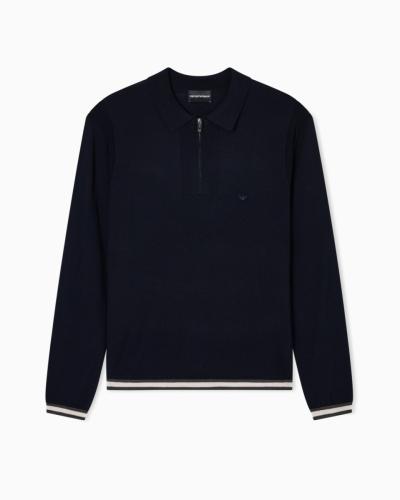 Maglione collo polo con zip in lana vergine rasata