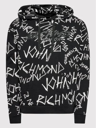 RICHMOND FELPA NERA UOMO IN COTONE CON CAPPUCCIO E LOGO ALL-OVER