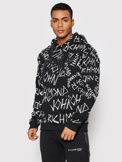 RICHMOND FELPA NERA UOMO IN COTONE CON CAPPUCCIO E LOGO ALL-OVER