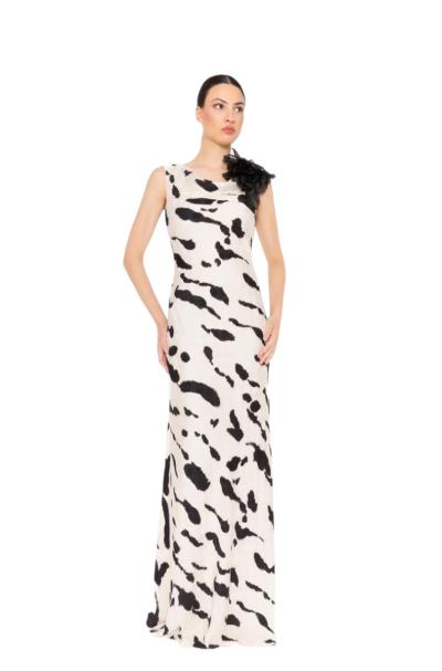 Abito donna da sera con dettaglio floreale sulle spalle