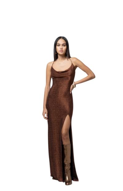 Abito lungo donna in maglia lurex con spacco